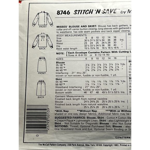 McCalls 8746 Sewing pattern high neck blouse A line skirt 1980s Size 12 14 16 - Picture 4 of 5